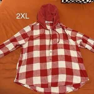 Red and White Plaid Hooded Shirt